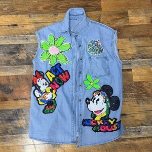 Embroidered Denim Vest with Mickey Minnie Mouse Disney Patches bling bedazzled